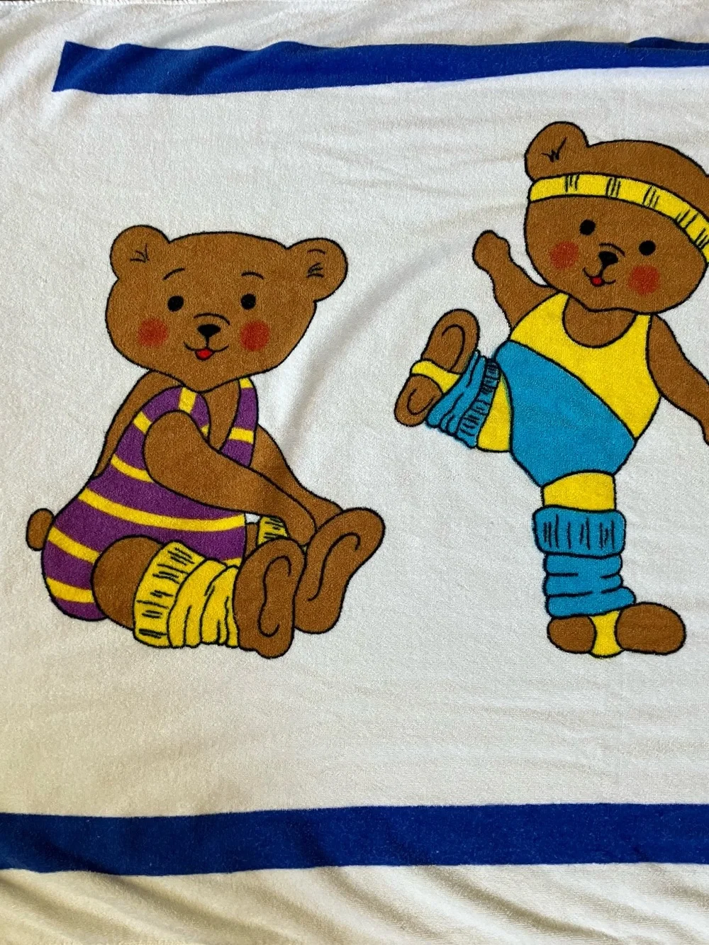 Vintage 1980s Body Huggers Beach Towel Exercising Teddy Bears 100% Cotton